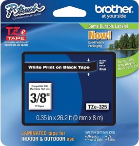 Brother TZE-325 White on Black Tape